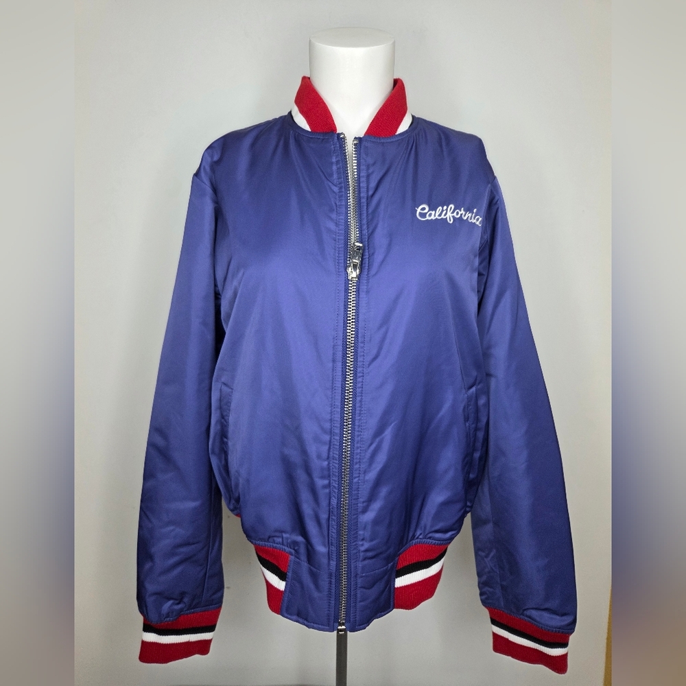 NWT Forever 21 Size L Stylish Blue Jacket with Bold Stripes - Picture 2 of 13